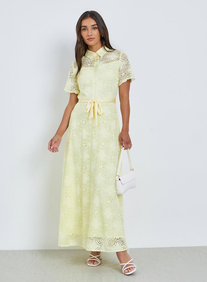 Styli Women Yellow Lace Shirt Maxi Dress - Image 2